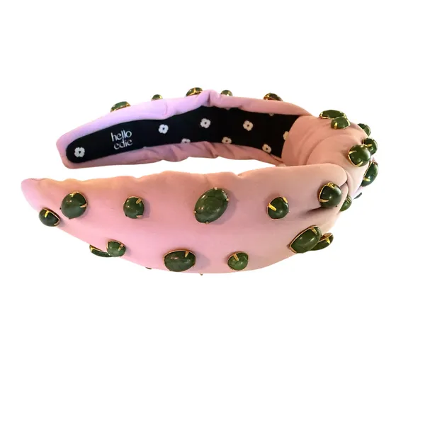 Hello Edie Pink Knotted Headband Green Gemstone Embellished Statement Headband - Image 6