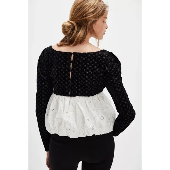 NWT!! FOR LOVE AND LEMONS‎ Elisa Long Sleeve Top Black Velvet Taffeta Eyelet XS - Image 7