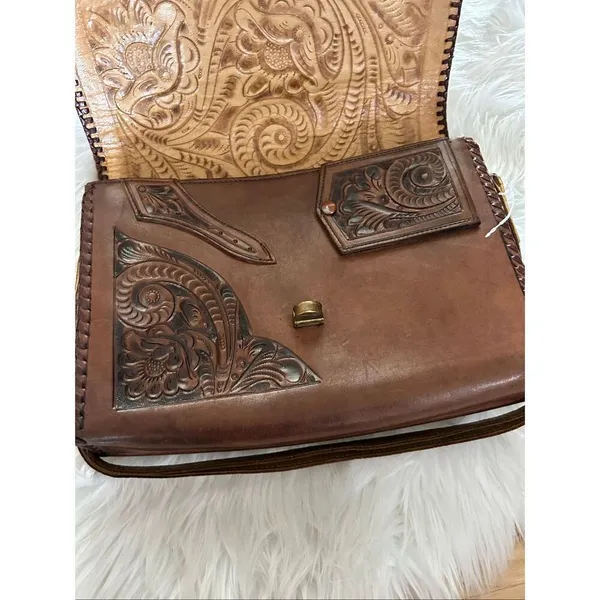 VTG Hand Tooled Leather Purse Hand Bag Brown Floral SouthWestern Beautiful - Image 6