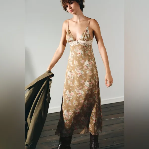 NWT Zara Floral Lace Slip Dress Lingerie-Inspired Midi Dress Spaghetti Strap XS - Image 2