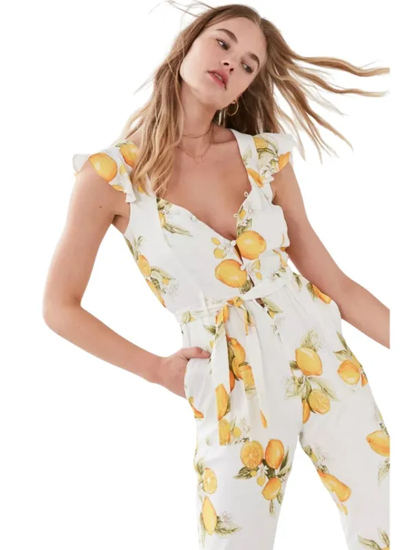 For Love & Lemons Limonada Tie-Front Jumpsuit Women's Medium White Lemon Print - Image 4