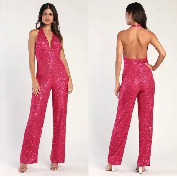 Lulus Hot Pink Sequin Star Potential Halter Jumpsuit Barbie - Image 2