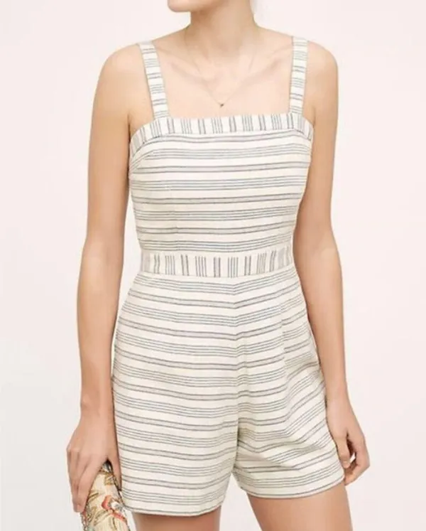 Anthropologie Paper Crown Womens S Romper Lined Shorts Zipper Jumper Cream Navy - Image 2