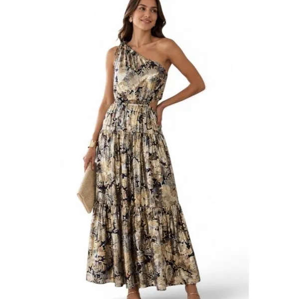 J Crew Collection Dress Womens 0 One Shoulder Silk Lurex Metallic Lily Swirl New - Image 2