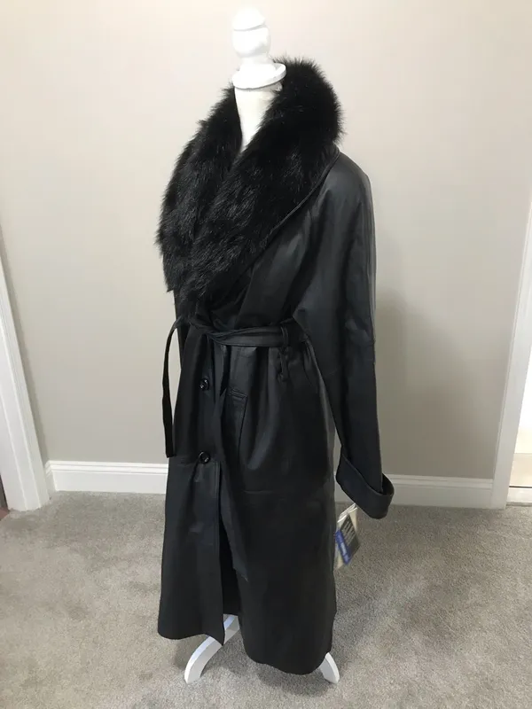 NWT Black Faux-Fur Collar Leather Trench Coat - Image 3