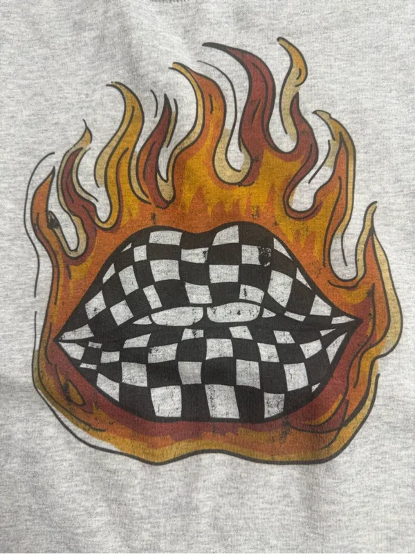 Gildan Ash Gray Crewneck with Checkerboard Flame Lips Graphic - Image 5