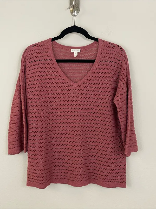 Garnet‎ Hill Organic Cotton-Linen Blend Bell-Sleeve Pointelle Sweater Size Small - Image 2