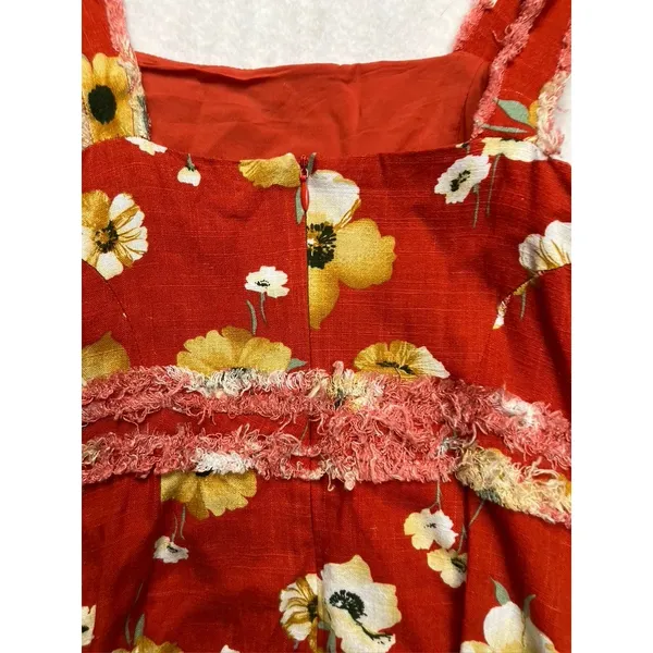 Fate Womens Red Floral Linen Blend Mini Dress Frayed Tiers Pockets‎ Small NWT - Image 8
