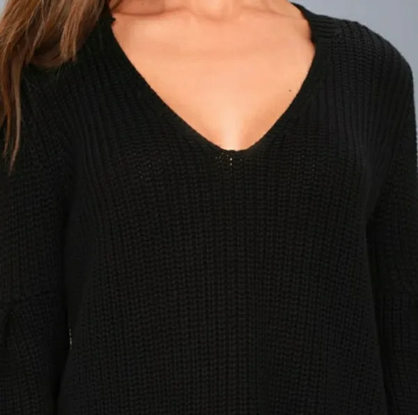 Free People Damsel Knit Black Sweater Top Bell Sleeve V-neck Size S - Image 2