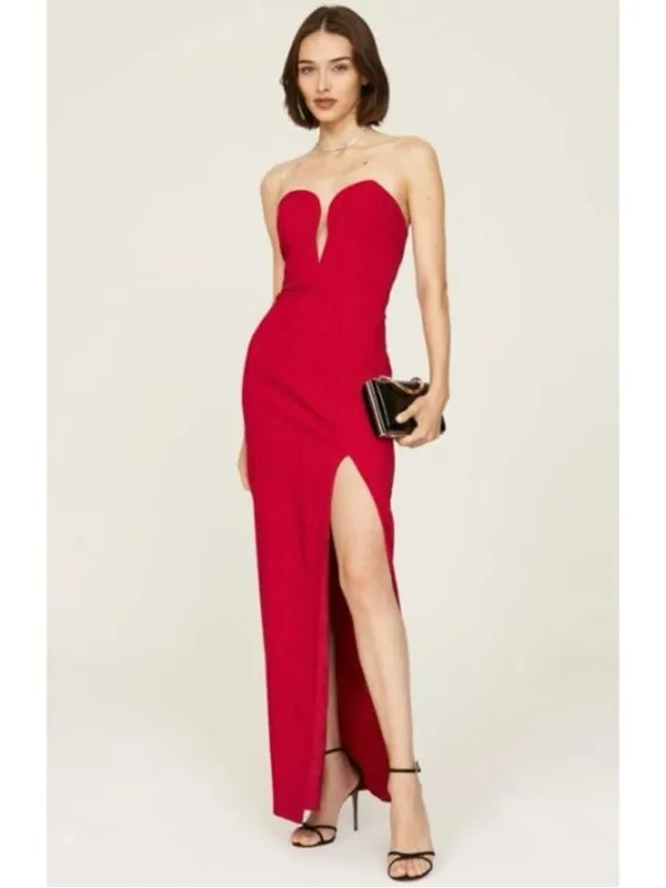 Aidan Mattox Strapless Maxi Dress 4 Red Plunge Neckline Slit Gown Sweetheart - Image 15