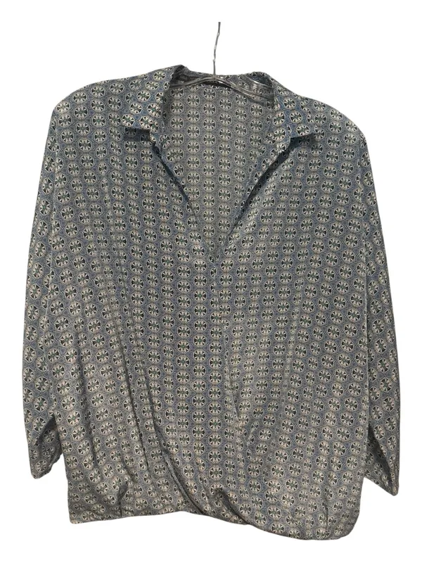 Zara Satin Feel Wrap Front Blouse Blue Grey Print Size Medium - Image 2