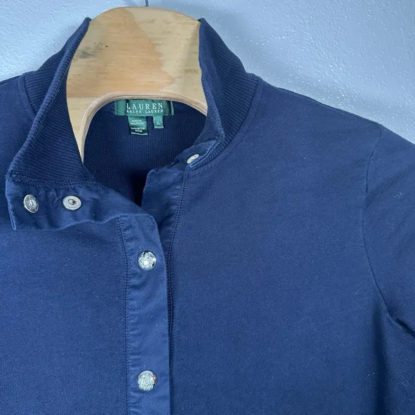 Lauren Ralph Lauren Cardigan Sweatshirt Womens XL Navy Blue Silver‎ Snap Front - Image 2
