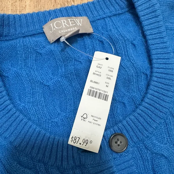 J. Crew | NWT Women's Cashmere Blue Cable Knit Short Sleeve Henley Sweater, M - Image 5