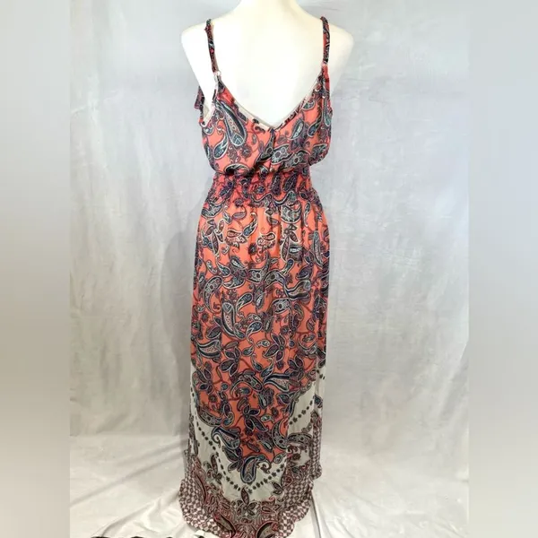 Pink and white paisley print boho smocked ruffle maxi dress size XL - Image 7