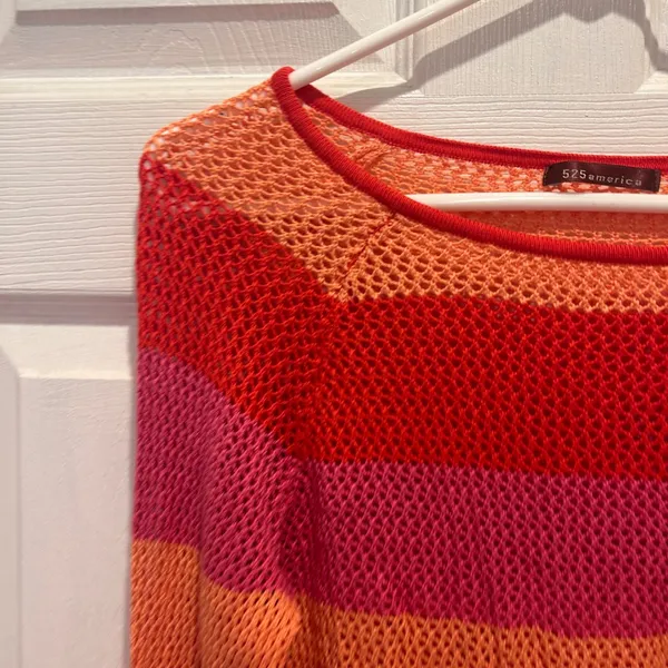 525 America Womens Striped Open Knit Sweater Red Pink Orange Large Rayon‎ Beach - Image 2