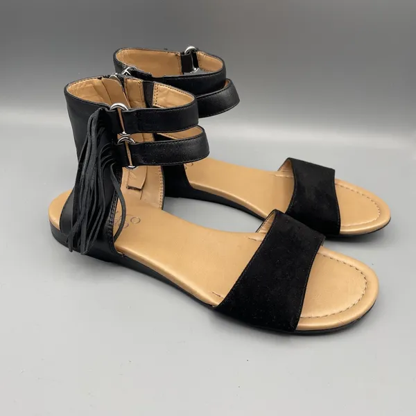 Franco Sarto Sandals Size 8 Black Leather Gladiator Fringed Ankle Strap Open Toe - Image 4