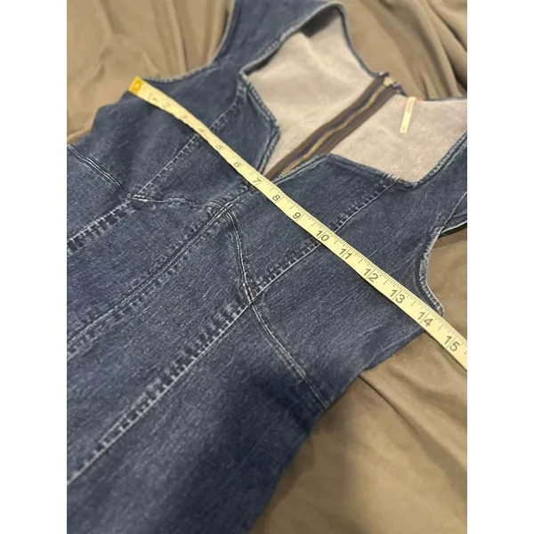 Free People Denim Mini Dress SzS Y2K Bodycon Sweetheart Dark Wash flutter sleeve - Image 4