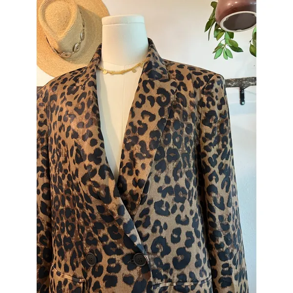 Zara Brown Animal Print Double Button Silky Satin Oversized Blazer Size XS - Image 2