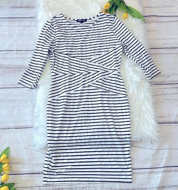 Women 3/4 Sleeve Striped Work Wear Business Cocktail Pencil Dress Size X-Large - Image 2