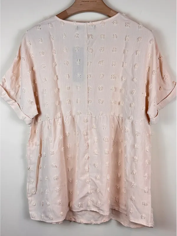 MIROL NWT Swiss Dot Textured V Neck Babydoll Tunic Blouse Pink Large Boho - Image 3