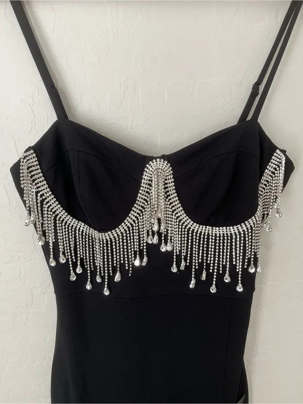 Lulus Divine Extravagance Black Rhinestone Fringe Bustier Maxi Dress Black NEW M - Image 6