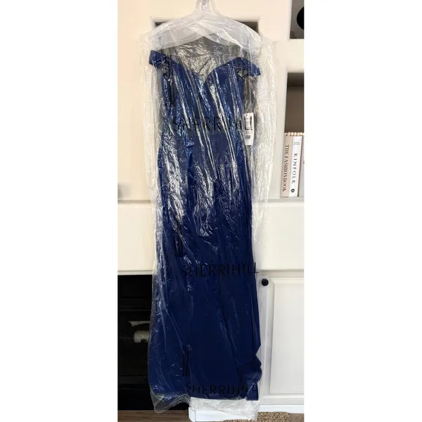 NWT Sherri Hill 50950‎ Navy Blue Off Shoulder Taffeta Mermaid Gown Size 2 $550 - Image 4