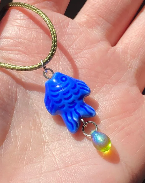 unique funky cute blue ceramic fish & Czech glass teardrop necklace⭐️🐟💕 - Image 3