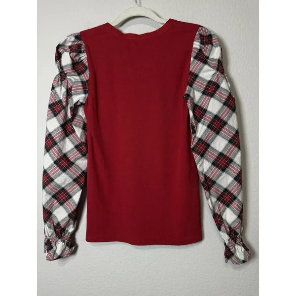 LOFT Women’s Ribbed Henley Red Plaid Mixed Media‎ Puff Shirred Ruffle Sleeves S - Image 5