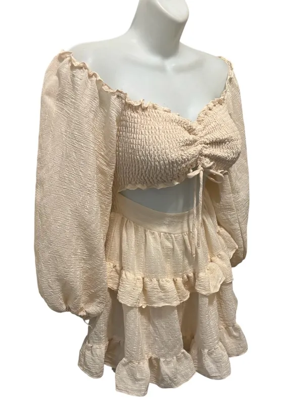 Windsor Milkmaid Smocked Ivory Ruffled Mini Dress S Ruched Top Tier Skirt Balloon Sleeve - Image 2