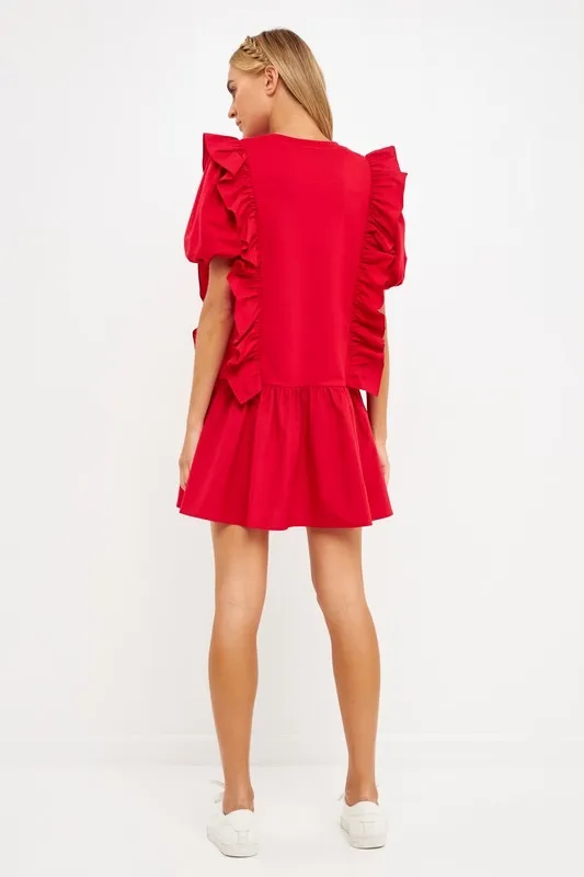 English Factory Mixed Media Ruffle Detail Puff Sleeve Mini Dress Red - Image 2