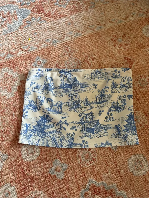 Edikted delft print strapless top and low rise skirt SET Small horse Japan Y2K - Image 3