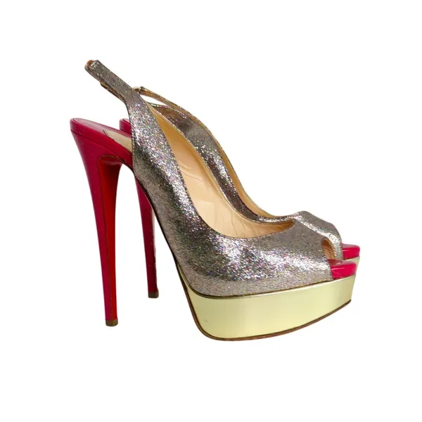 Christian Louboutin Lady Peep Slingback Glitter Pumps Platine Gold Pink Red 36.5 - Image 2