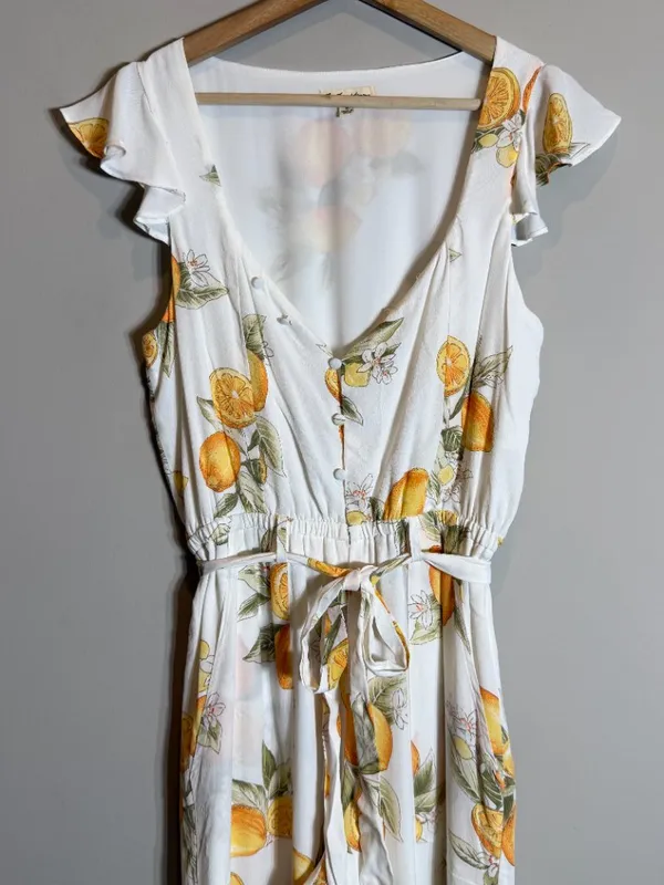 For Love & Lemons Limonada Tie-Front Jumpsuit Women's Medium White Lemon Print - Image 9