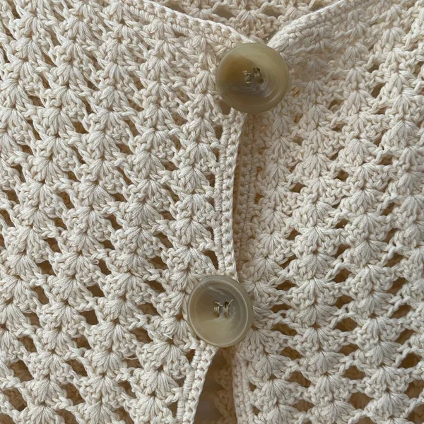 Vintage Crochet Open Knit Cardigan Sweater Medium Cream Ivory Button Up Handknit - Image 4