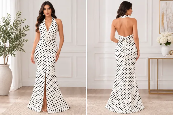 SHEIN Polka Dot Halter Maxi Dress with Rosette Accent - Size M (US 6) - Image 9