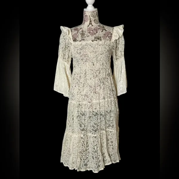 Vintage Cream Lace Velvet Victorian Cottagecore Dress Flare Sleeves Ruffle - Image 2