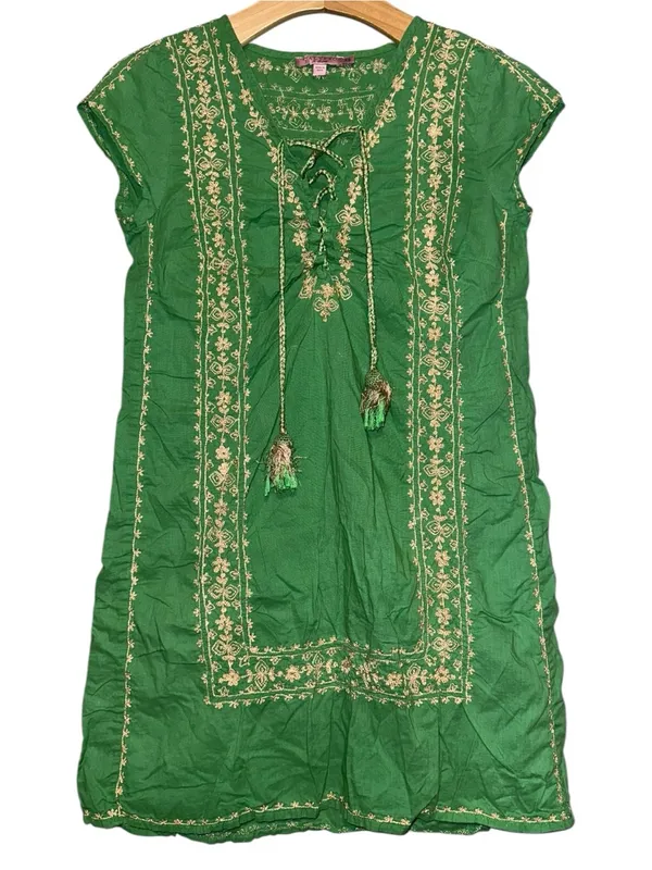 Calypso St. Barth XS Green Gold Embroidered Cotton Lace Up Tassel Tunic Dress - Image 2