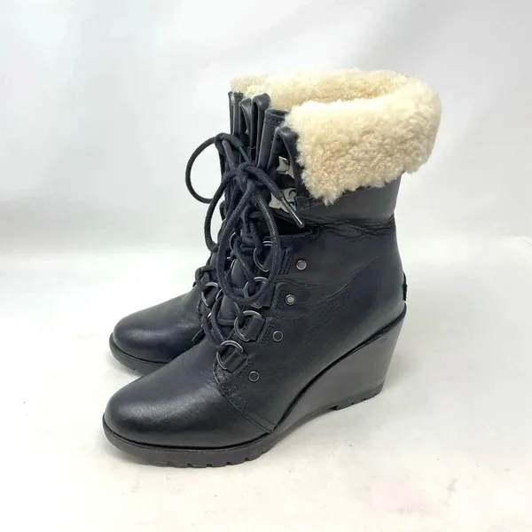 Sorel After Hours Lace Shearling Boot Black‎ Leather Wedge Size US 6 - Image 3