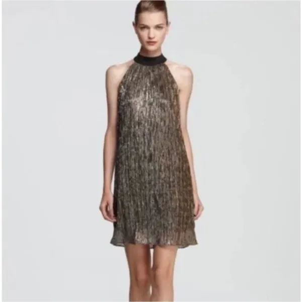 Laundry by Shelli Segal Metallic Gold Sleeveless Dress with Bow Neck Size 8 NWT - Image 3