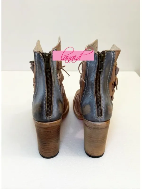Freebird Braeden Blush Leather Tan Distressed Edgy Buckles Low Heel Sandals 10 - Image 9