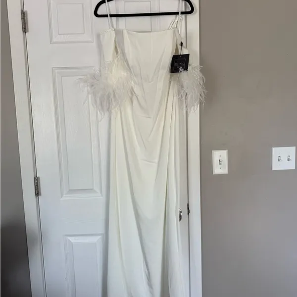 Mac Duggal Long Off Shoulder Feathers Formal Bridal Gown - Image 2