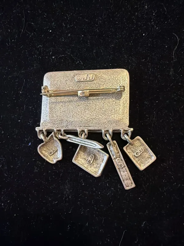 Vintage JJ Jonette Math Teacher Blackboard Pewter Tone Brooch Pin Dangle Charms - Image 5