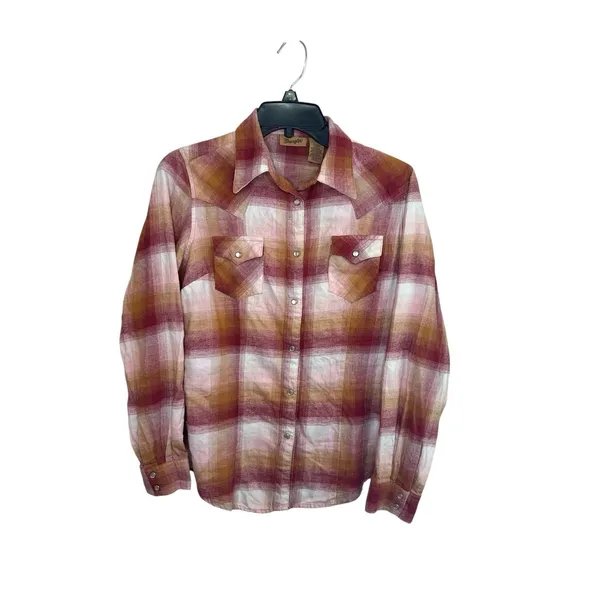 Wrangler Women Pearl Snap Plaid Flannel Shirt Red‎ Cream Chest Pockets Small - Image 3