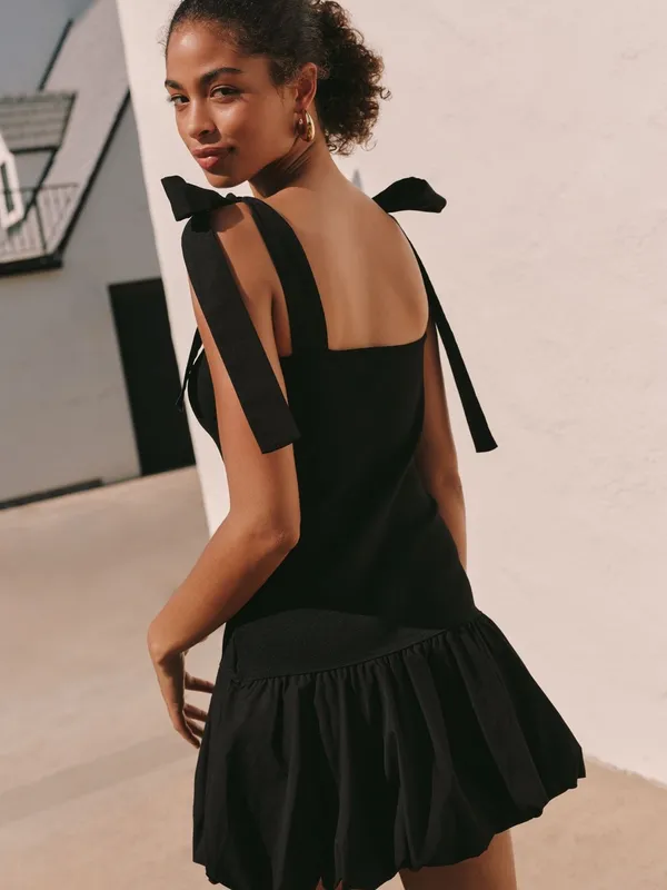 NWT Anthropologie Black Cotton Tie Strap Bubble Hem Drop Waist Mini Dress Size M - Image 3
