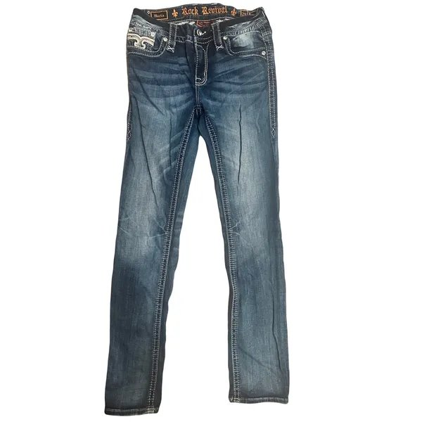 Rock Revival Mertie Easy Straight Stretch Jeans Bling Embellished Size 26 - Image 3