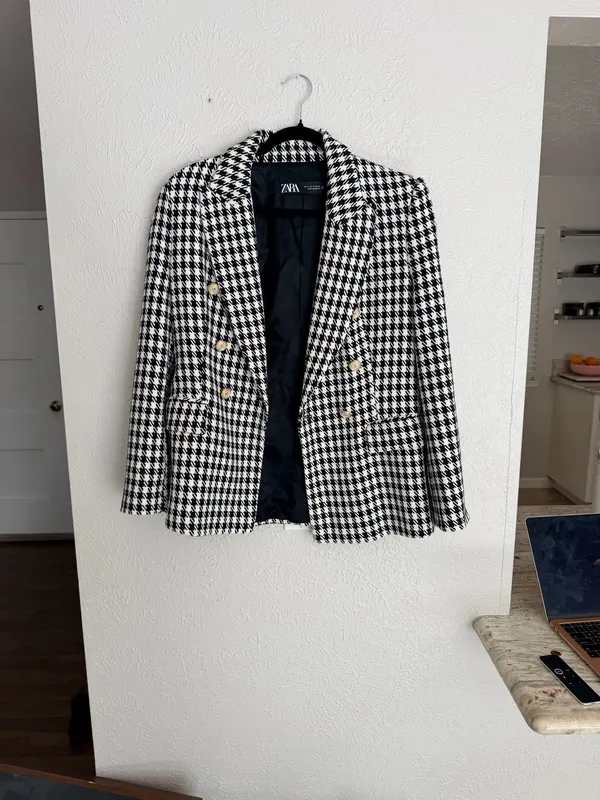Zara houndstooth double breasted gold button oversized blazer jacket M  - Image 6