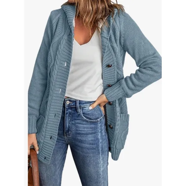 Women's Cardigan Sweater Knit Double Pocket Long Sleeve Hooded‎ Cardigan Outwear - Image 3