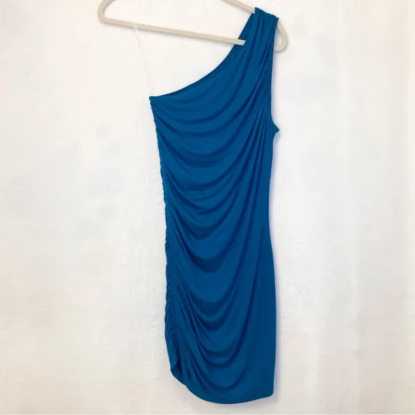 A New Day Teal Blue Asymmetrical Ruched Cocktail Bodycon Mini Dress Size Small - Image 2