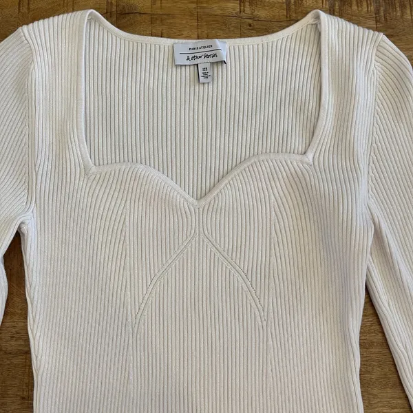 & Other‎ Stories Sweetheart Neckline Fitted Ribbed Knit Sweater M White - Image 4