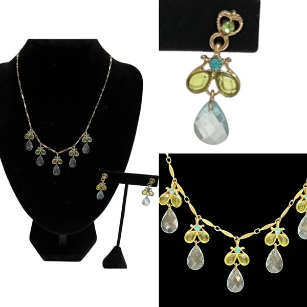 Light Blue Green Teardrop Crystal Necklace Earring Gold Tone Set 2028 Brand - Image 3